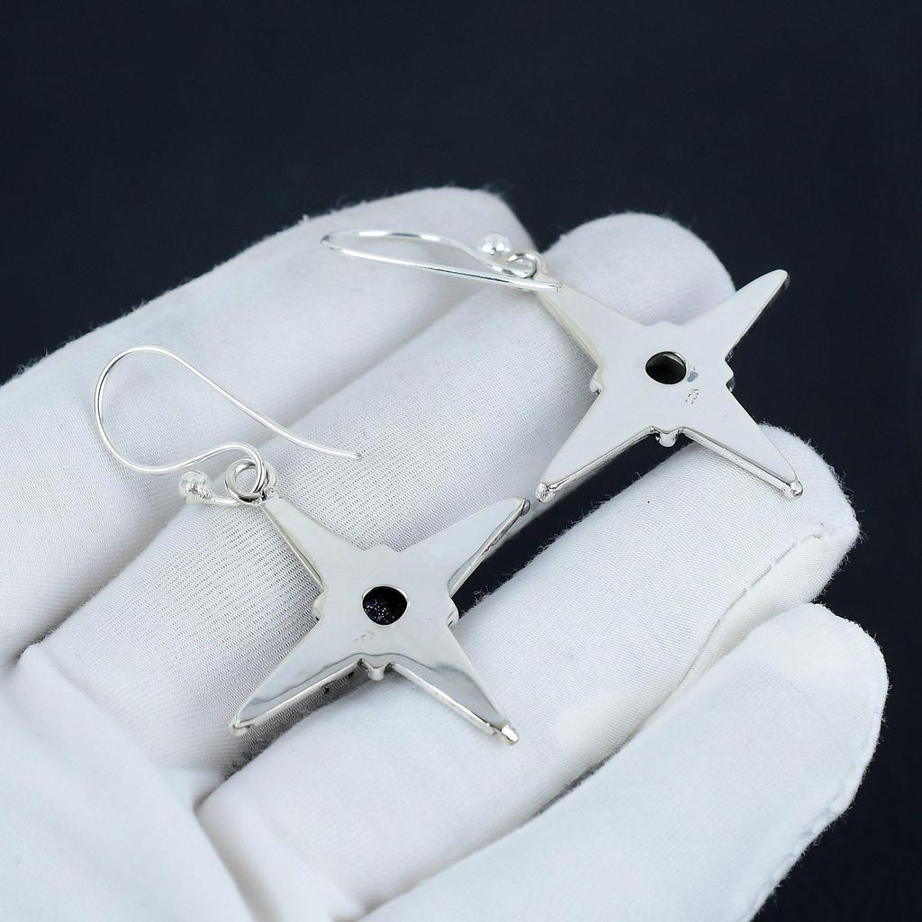Natural Blue Sunstone Gemstone Star Shape Earrings, 925 Sterling Silver Earring, Handmade Boho Silver Jewelry Dangle Earrings, Wadding Gift