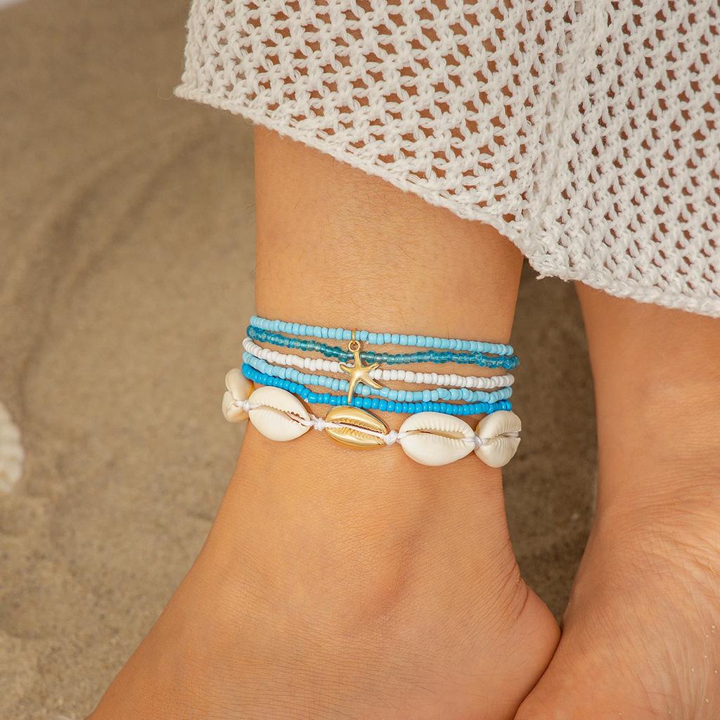 New 6Pcs/Set Boho Seed Beads Elastic Chain Anklet for Women Summer Beach Kpop Starfish Pendant Ankle Barefoot Jewelry Gift