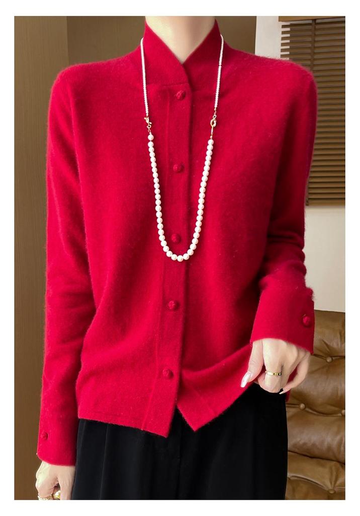 2024 Women's Stand Collar Wool Knit Qipao Cardigan - Casual Versatile Solid Color Sweater for Autumn/Winter