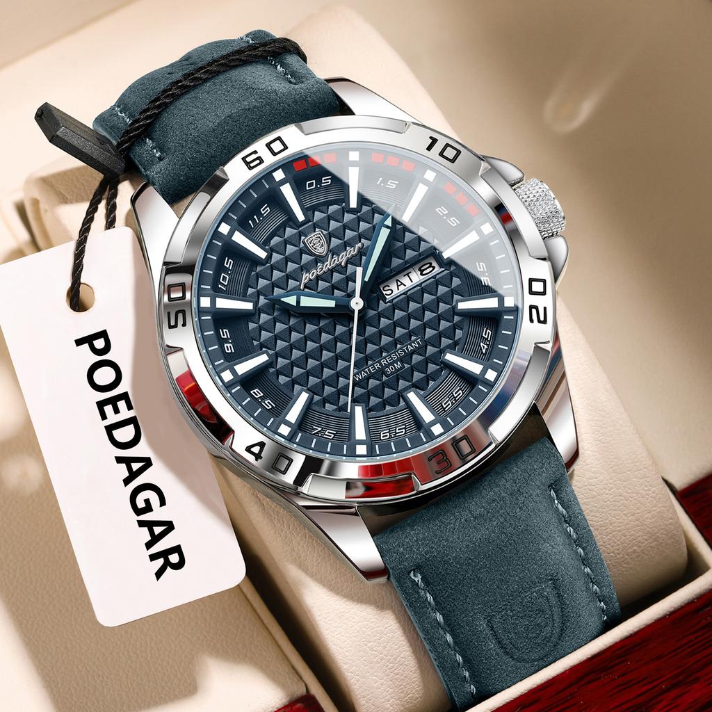 POEDAGAR Original Man Wristwatch Top Luxury Waterproof Luminous Date Week Watch for Men Quartz Sport Leather Watches Reloj