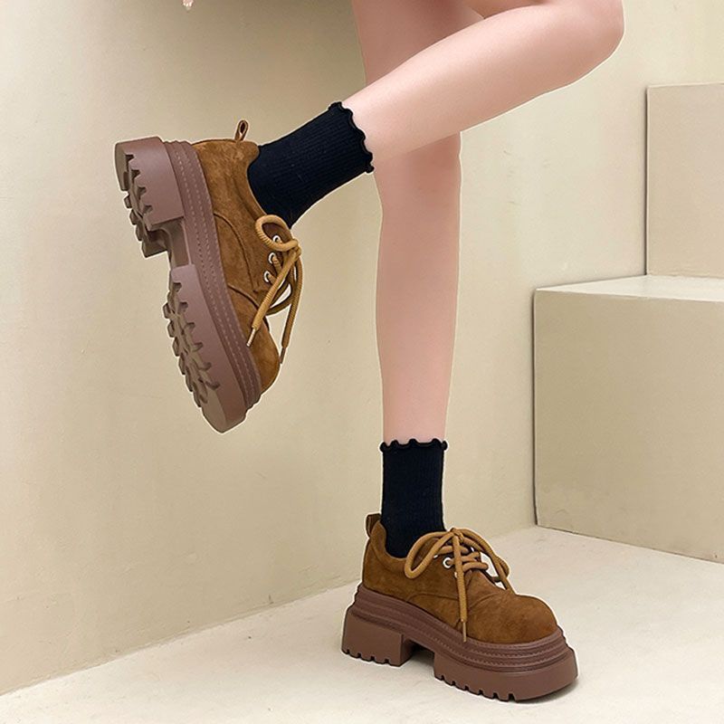 European matte leather big head lace-up single shoes women's spring 2025 new thick-soled versatile muffin Mary Jane