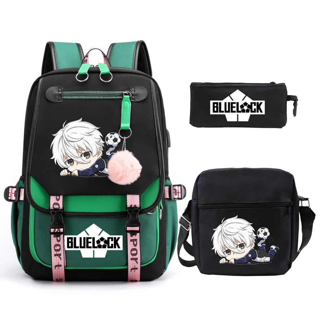 Blue Prison Student School Bag Large Capacity Children'S Shoulder Bag Casual Pencil Bag Set