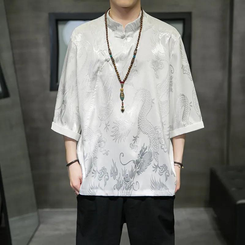 2026 Summer Men Thin Ice Silk Shirt Men Breathable Dragon Pattern Jacquard Shirt Male Stand Collar Button Seven-Half Sleeve T-Shirt Men Pullover