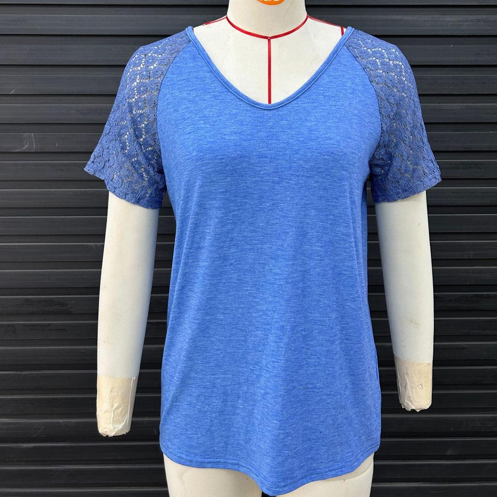 Spring and Summer Patchwork Mesh Short Sleeved Top Solid Color Casual Loose Women's T-shirts