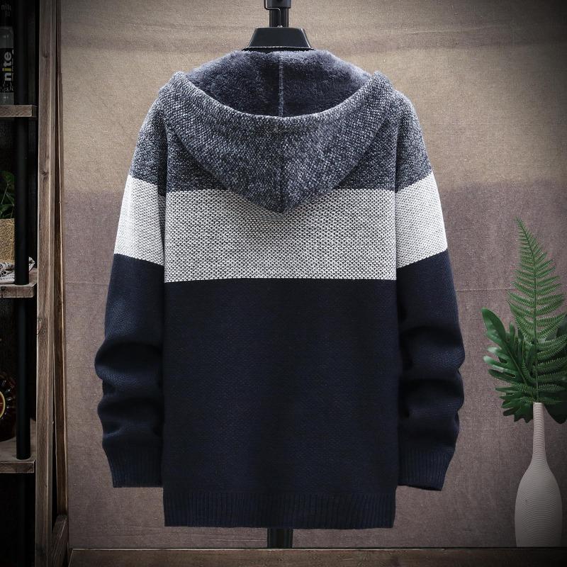 Autumn Korean Hooded Men's Sweaters with Thick and Velvet Men's Cardigan Knitted Sweatercoats Patchwork Jacket