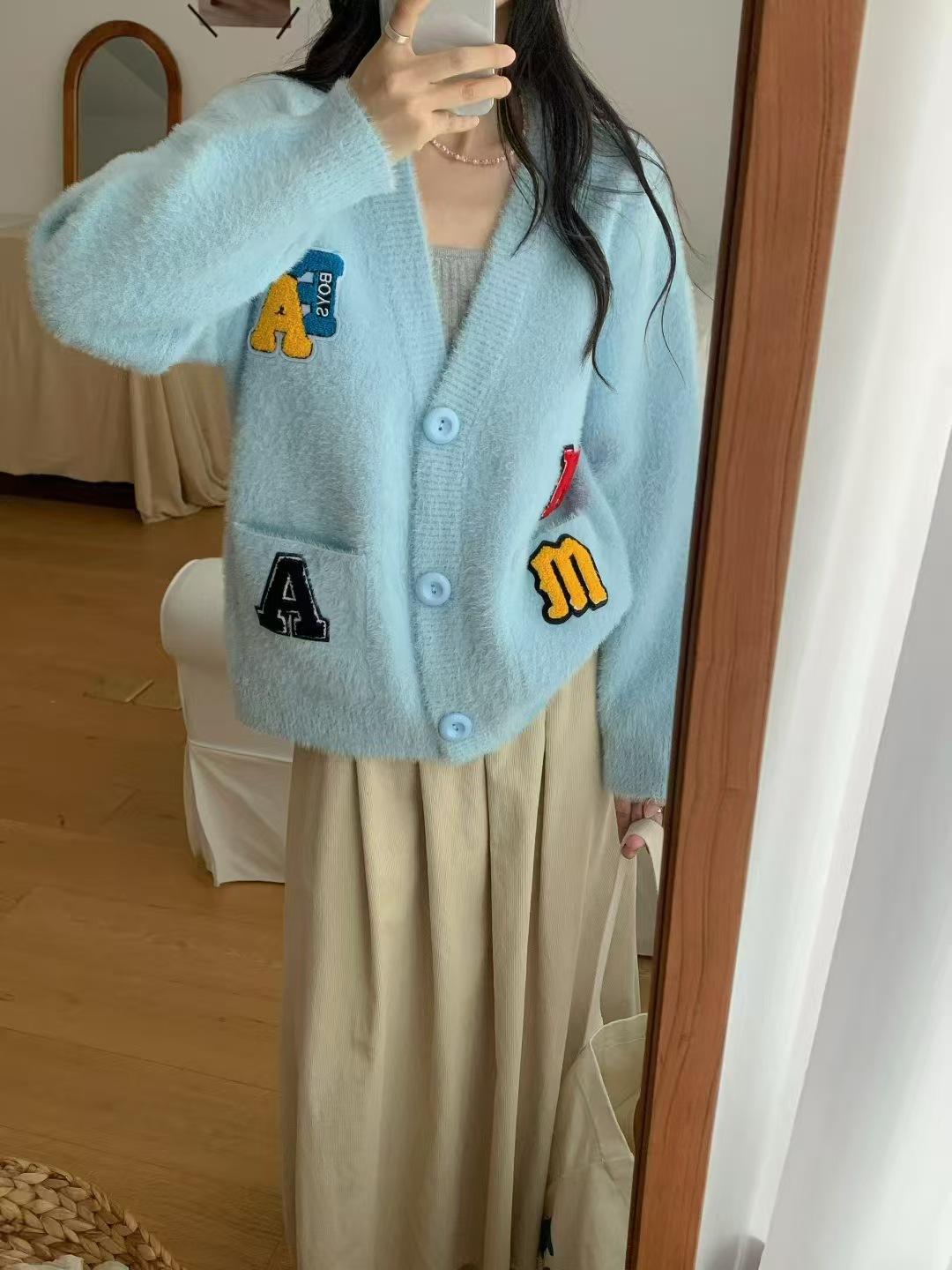 

Носите девчачий женский свитер тонкий и белый мягкий восковой имитация норки вязаный жакет женский короткий свитер кардиган One size синий