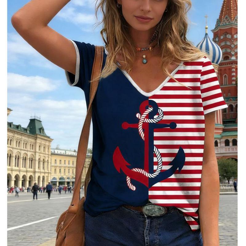 Neue Ankerstreifen 3D-Druck T-Shirts Damen Kurzarm V-Ausschnitt T-Shirt Lässige Tops Y2k Harajuku T-Shirts Streetwear Damenbekleidung