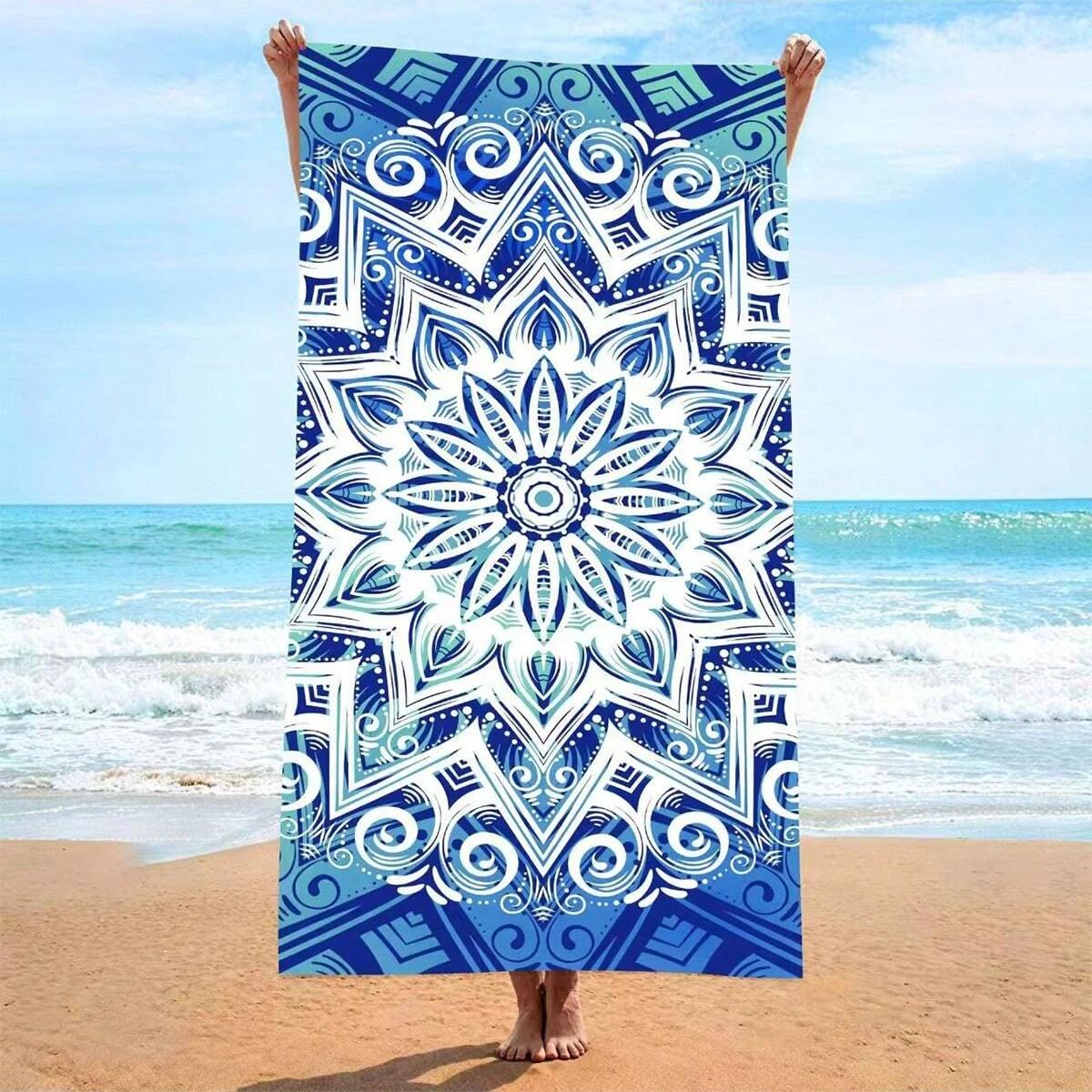

1pc Style Blue Mandalay Pattern Beach Towel,Ultra-Fine Fiber Beach Blanket,Highly Absorbent Bath Towel,Suitable For Summer W40*H60(CM)