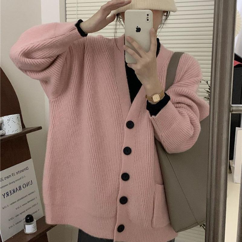 Retro Lazy Wind V-Neck Knitted Cardigan for Women's Autumn and Winter New Loose Versatile Single-breasted Sweater Jacket for Women