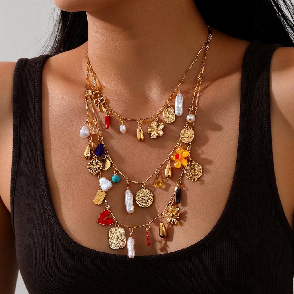 Multi-layer Imitation Pearl Heart Flower Bow Pendant Necklace Vacation Stages and Music Festival Jewelry Party Gift