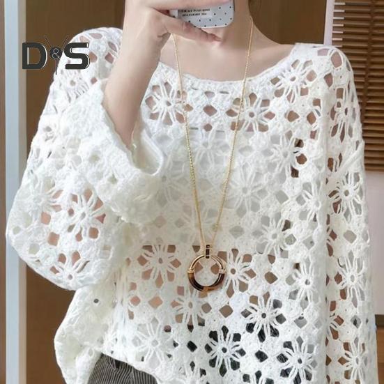 Women Pullover Cover Up Round Neck Long Sleeve Hollow Knitting Tops Solid Color Crochet Sunscreen Tops