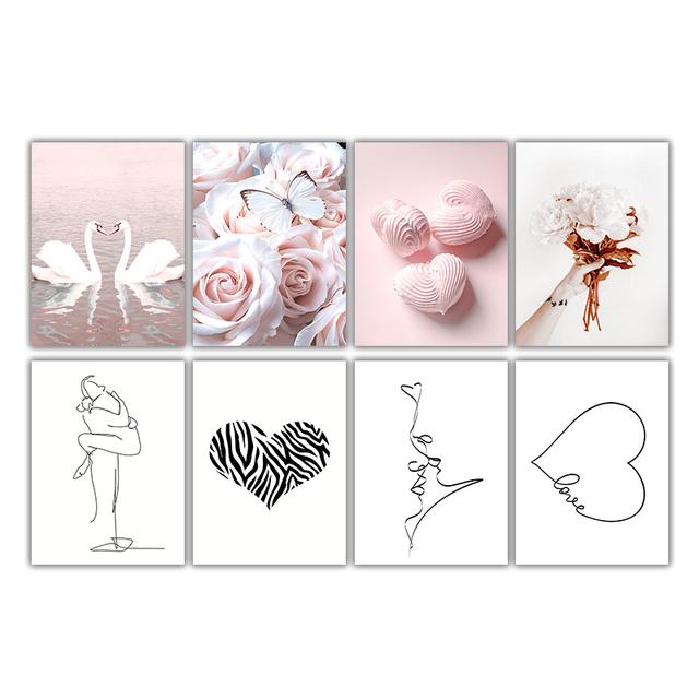 Pink Sweet Flowers Butterfly Love Kissing Line Abstract Canvas Painting Posters Prints Nordic Wall Art Pictures for Home Decor