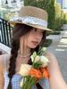 DIY bow flat top sunscreen straw hat women's retro pearl design vacation seaside beach sunshade summer