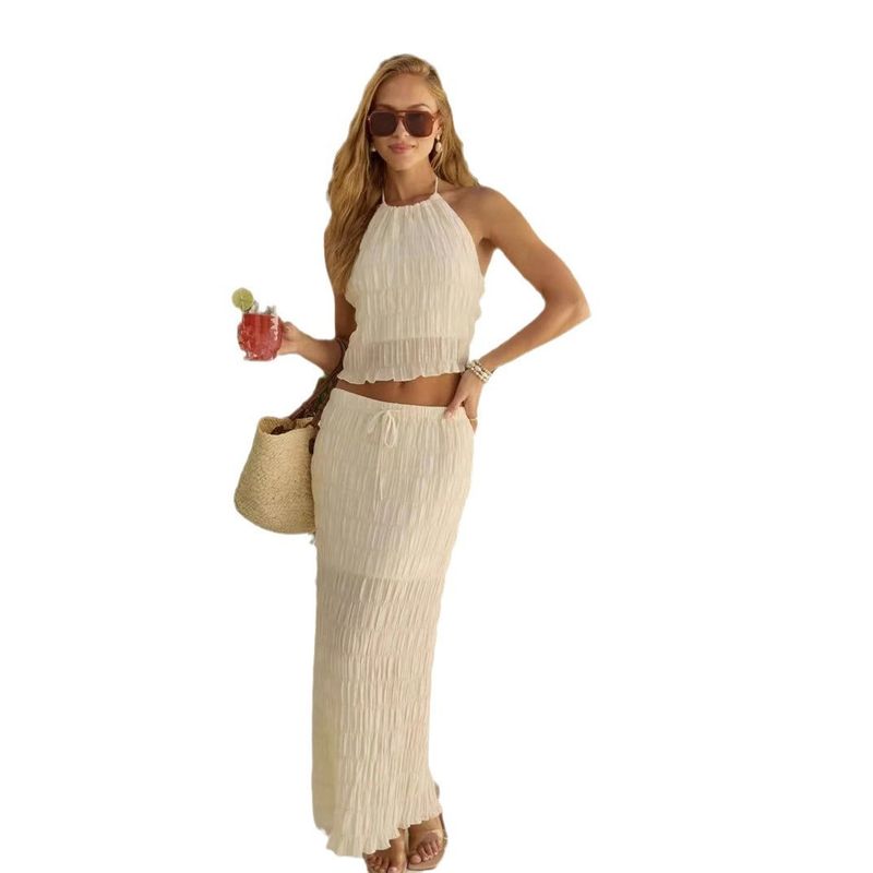 

Summer Sexy Backless Hanging Neck Strap Pleat Lace Vest Holiday Style Long dress Set Milky White XS