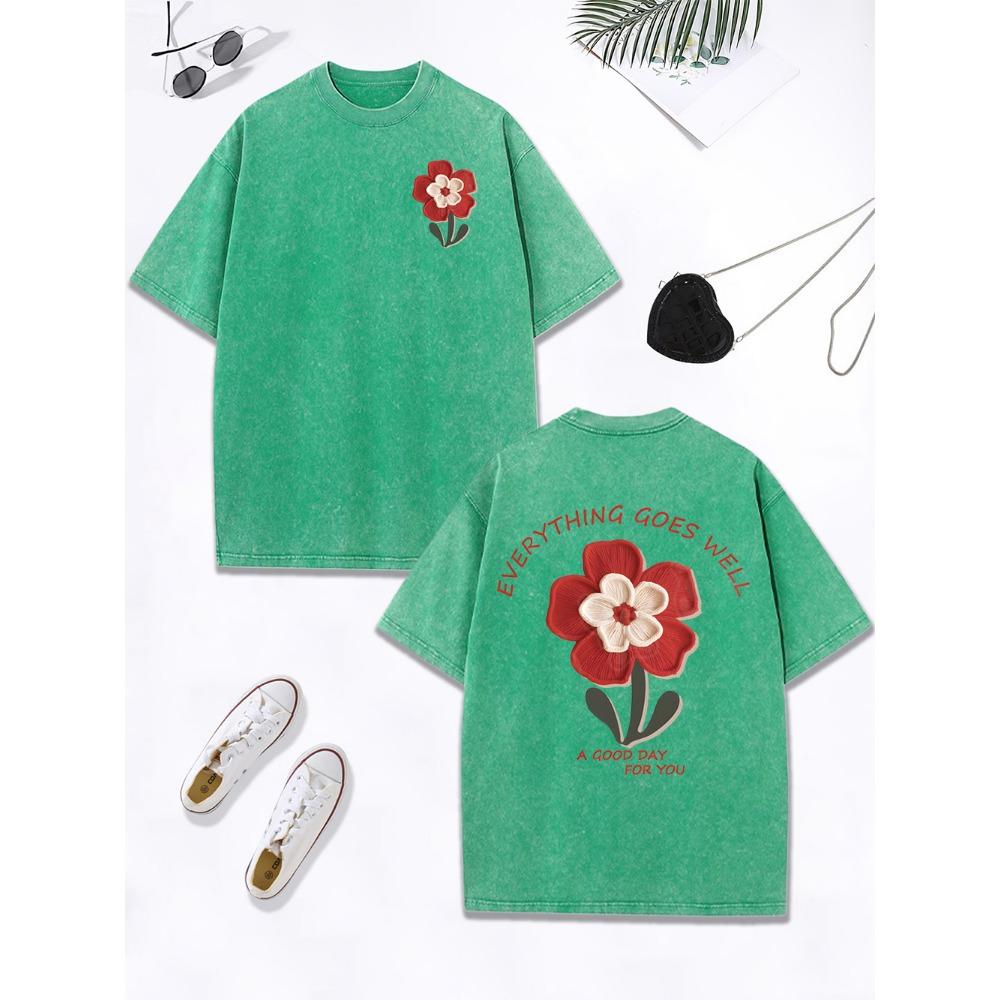 Everything Goes Well Flower Printing Washed T-Shirt Women Cotton Oversize Tops O-Neck Distressed T Shirt Clothes