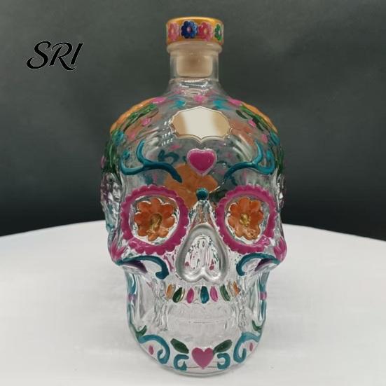 3D Sculpted Skull Decanter Gothic Decanter, Hand Painted Glass Liquor Bottle with Floral Themed Party Decor Design, Carved Wine Dispenser for