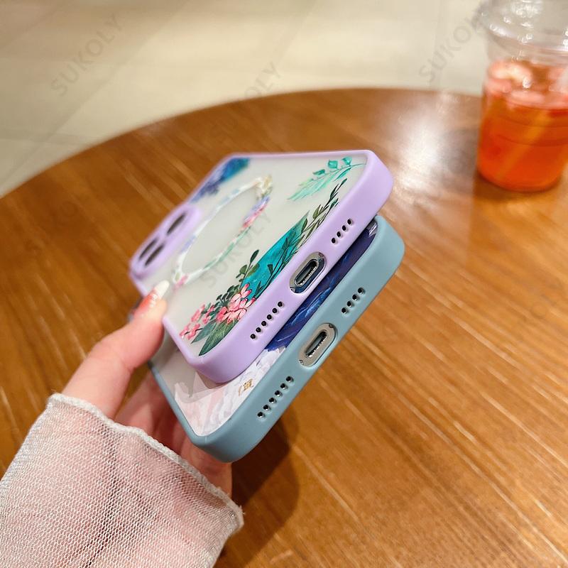 Flower Pattern Case For iPhone 17 16 13 15 Pro Max 14 12 Pro 11 Air Shockproof For Magsafe Charging Iron Ring Matte Phone Cover