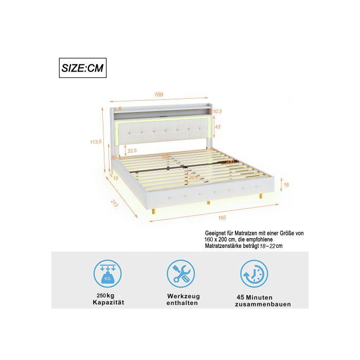 Lit Rembourré - MUVOE - 160x200 Cm - Prise USB - Lumière LED - Tissu Lin Beige