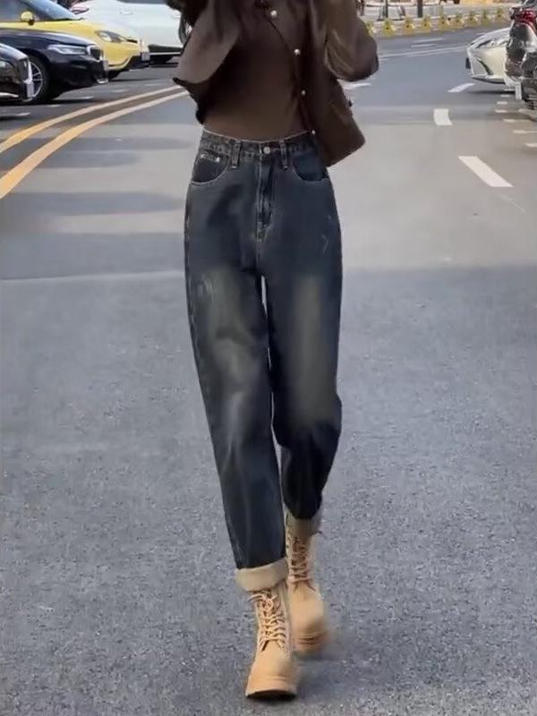 2024 Women's High Waist Plus Size Slimming Harem Jeans - Velvet, Elastic, Straight Leg Carrot Fit