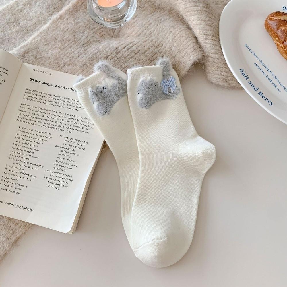 Fashion Cute Cartoon Kitten Bow Socks Sweat Absorption Breathable Mid Tube Socks Casual Socking Autumn Winter One Size белый