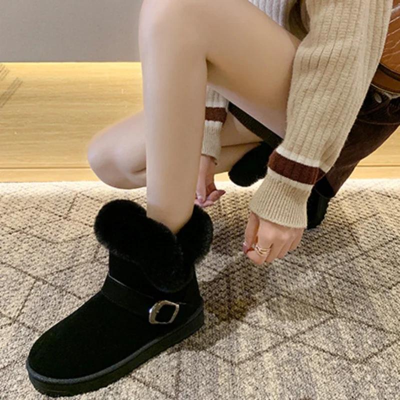 Snow Boots for Women with Fur Integrated  Winter New Fashion Short-tube Plus Velvet Thickening One-leg Flat Boots Botas De Mujer