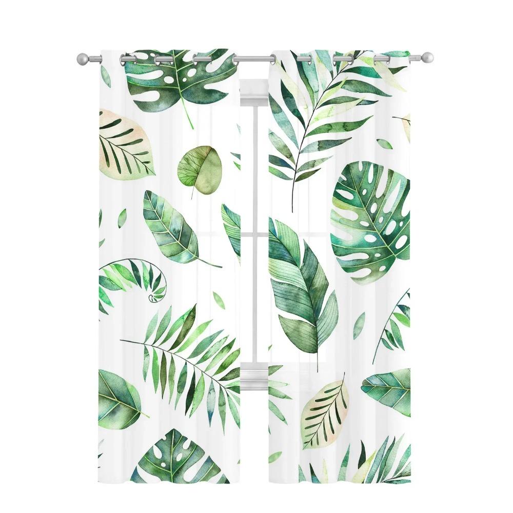 Tropical Leaves Palm Tree Green Plant White Tulle Sheer Window Curtains for Living Room Bedroom Sheer Fabric Silk-like Fabric Drapes Drapes