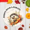 Autumn Harvest Russian Wooden Welcome Sign with Hedgehog Pattern, Unique Round Sign for Front Door, Wall Hanging Decor, Ideal Gift for Friend & Family