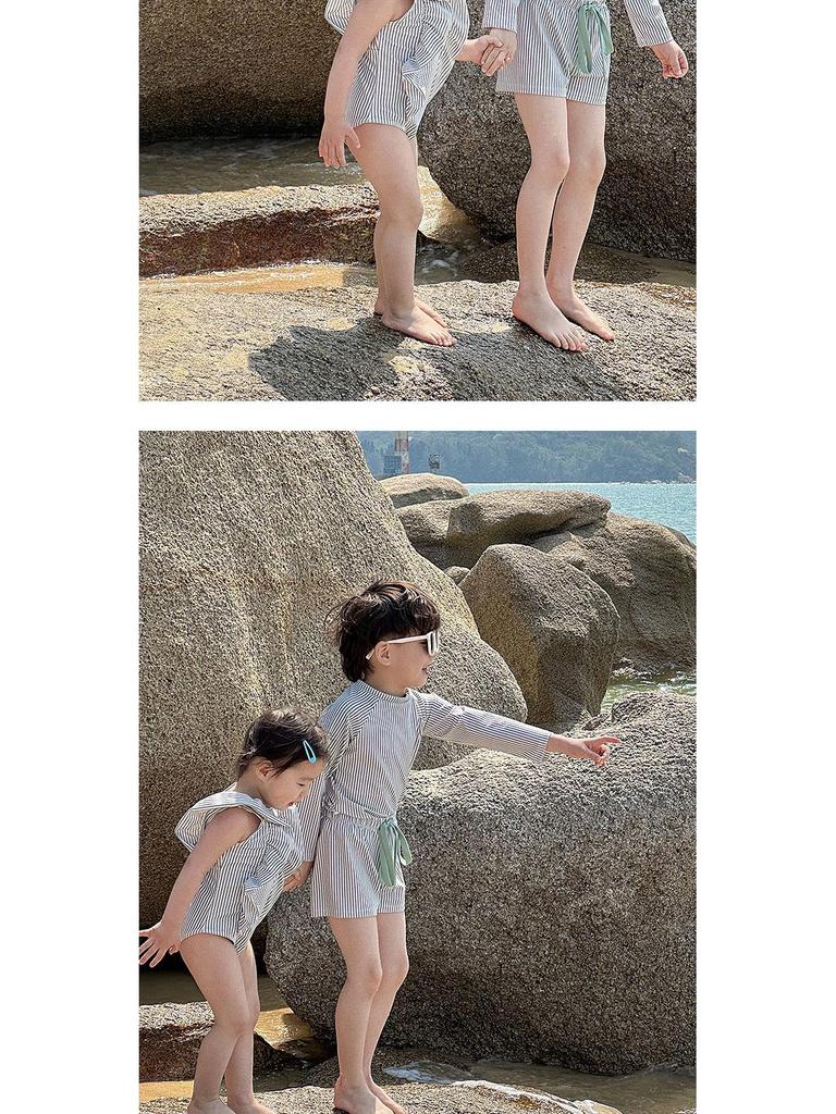 Kids' Sun-Protective Quick-Dry Striped Swimsuit Set - Long Sleeve for Boys & Girls