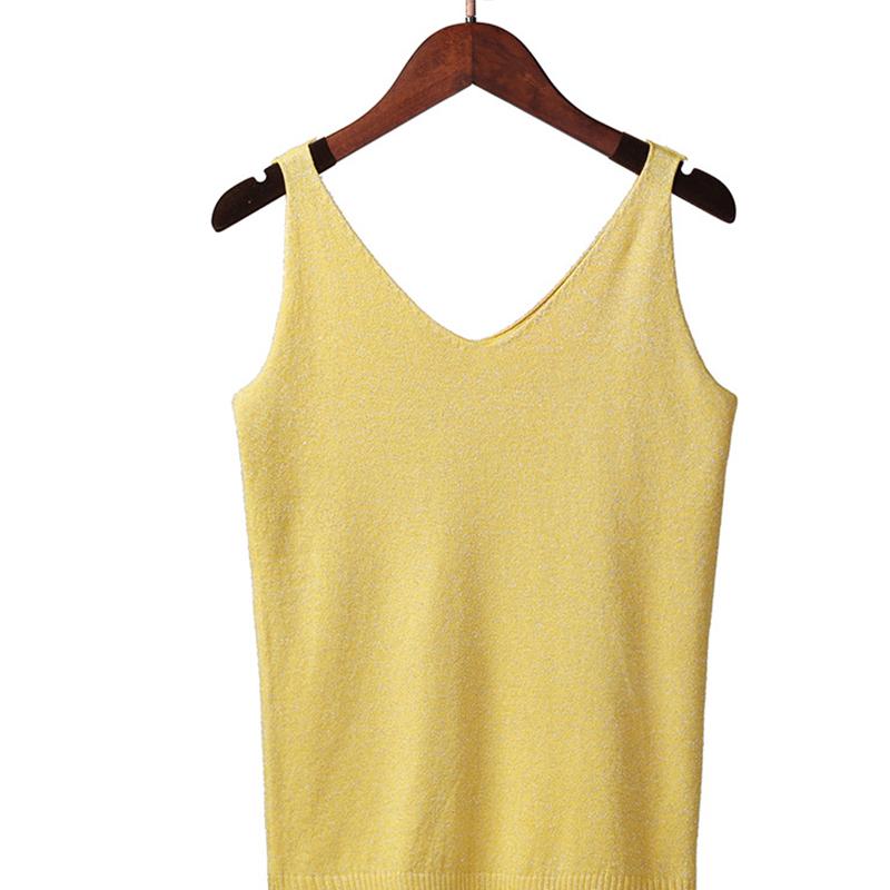 Women Summer Sexy Slim V-Neck Bright Silk Knitted Sleeveless Vest Top T-Shirt Basic Trend