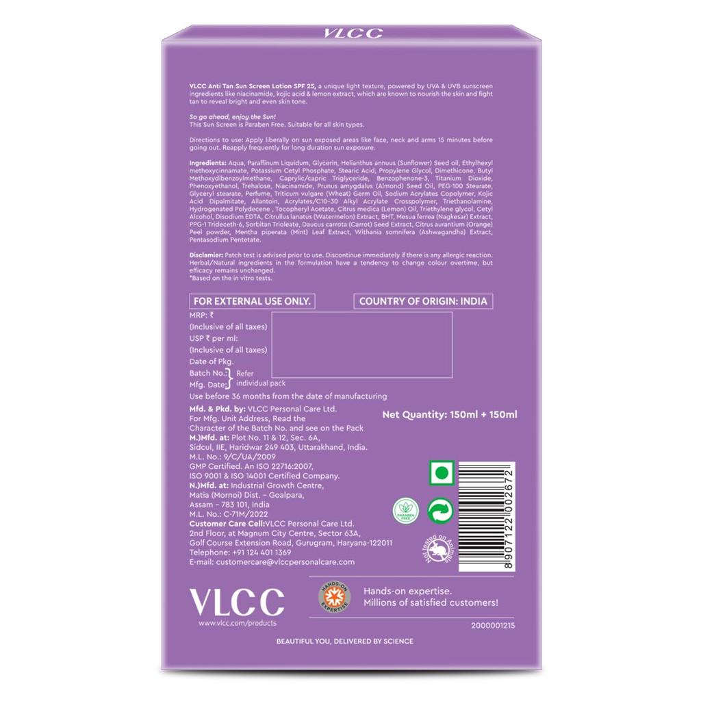 VLCC Anti Tan Sunscreen Lotion SPF 25 For Daily Sun Protection Hydrating Lightweight Formula 150 Ml Pack Of 2 Set