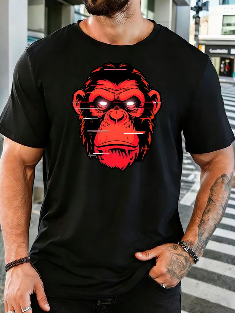 Unisex White Tee Glitch Red Ape Head Street Art Graphic Print Short Sleeve Loose Casual Basic Top For Adult Male Daily Wear Outfit