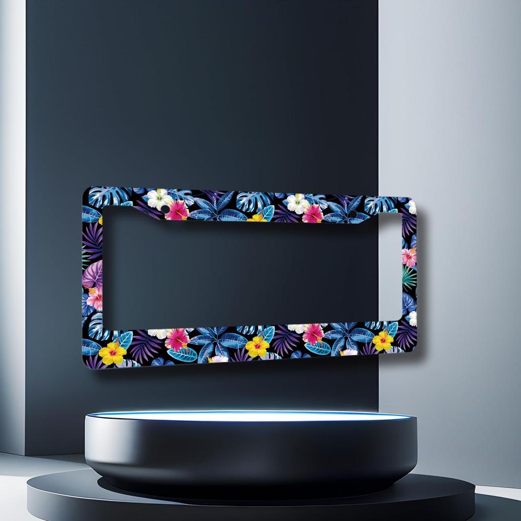 Hibiscus License Plate Frame Beautiful Tropical Flowers Floral License Plate Holder Colorful Stainless Steel Auto Parts Funny License Plate