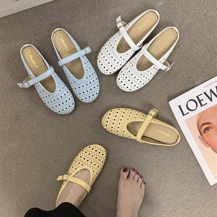 XINZHOU 2025 Summer New Ballet Hollow Breathable Without Heel Small Leather Shoes Women's Hole Shoes Bag Head Half Drag