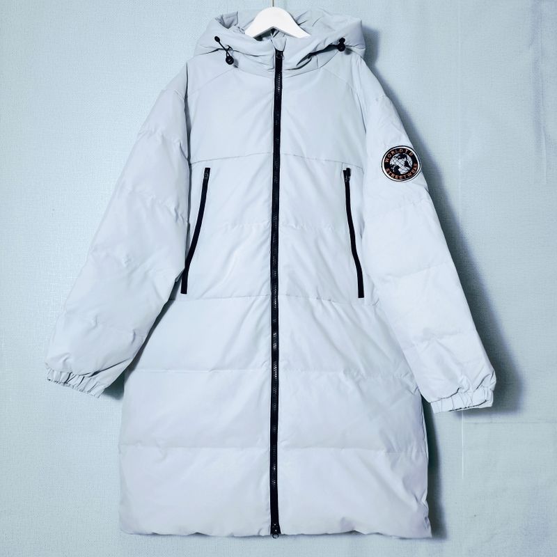 

Принтованная средней длины длинная куртка-пуховик с капюшоном мужская и женская одинаковая 90 белый утиный пух корейская теплая верхняя одежда для пары модная зимняя одежда Blue-Gray Size 175