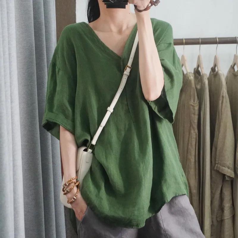 Top Casual Estivo a V Scollo Taglie Forti, Ampio, Manica Corta, Monocolore per Donna