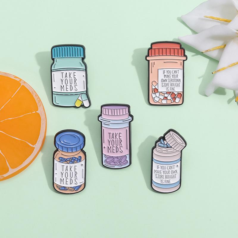 Cartoon Medicine Bottle Alloy Brooch: European & American Style Enamel Badge for Clothes & Bags
