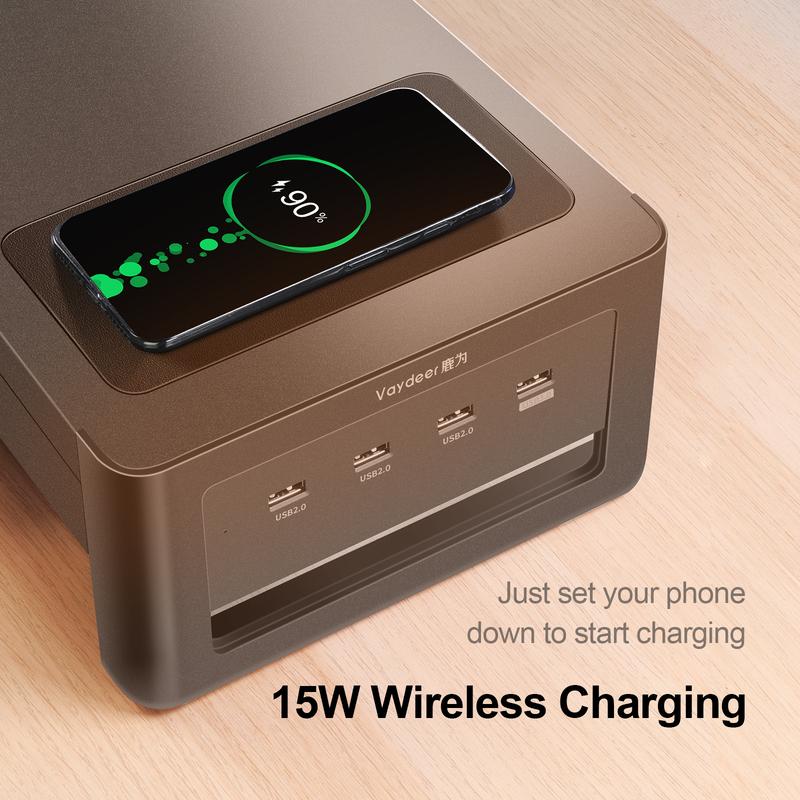 Monitor Stand Riser USB3.0 Hub Support Data Transfer and Wireless Charging with Drawer Storage Box Desk Organizer for Laptop PC
