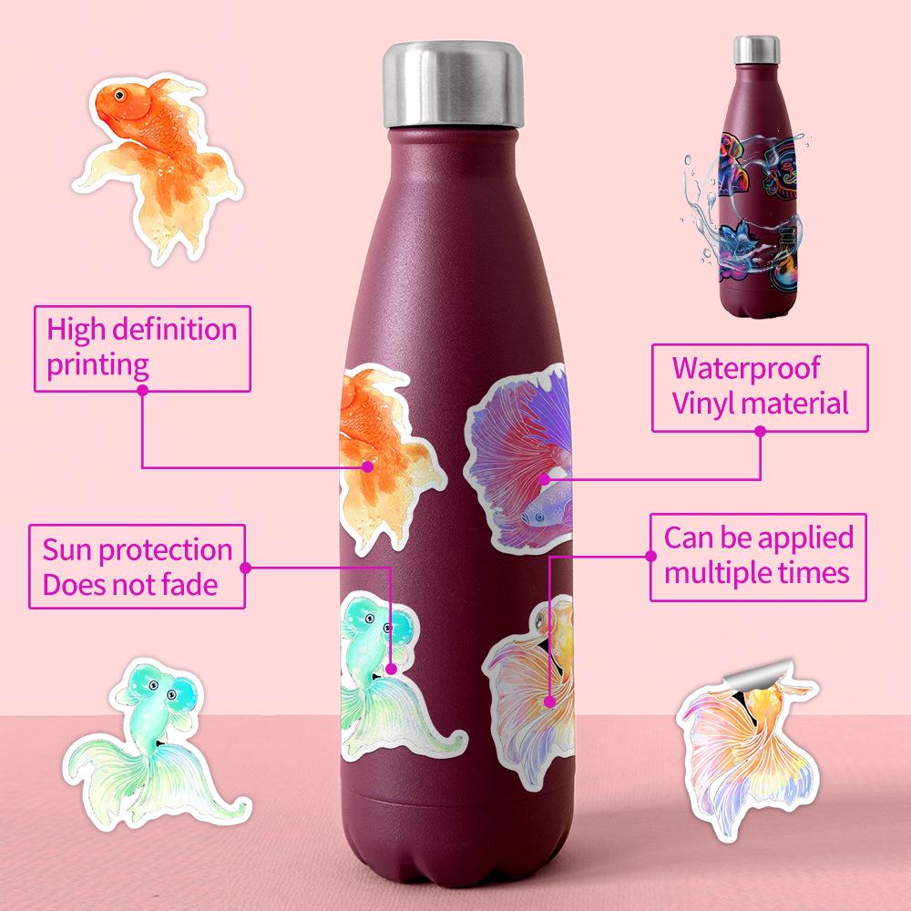 50 Cartoon Goldfish Waterproof Stickers: Hand-Painted Decorative Decals for Water Bottles & Computers