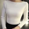 Women Knitting Tops Bateau Collar Long Sleeve Slim Fit Pullover Tops Solid Color Stretchy Bottoming