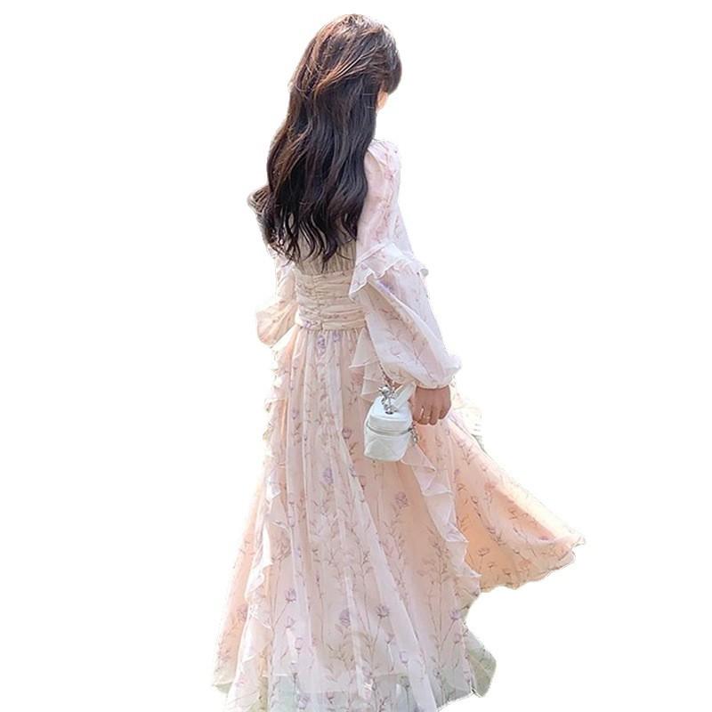 French Floral Dress Chiffon Long Dress Long Sleeve Skirt Autumn Senior Wear Dress Women's New Gentle Wind
