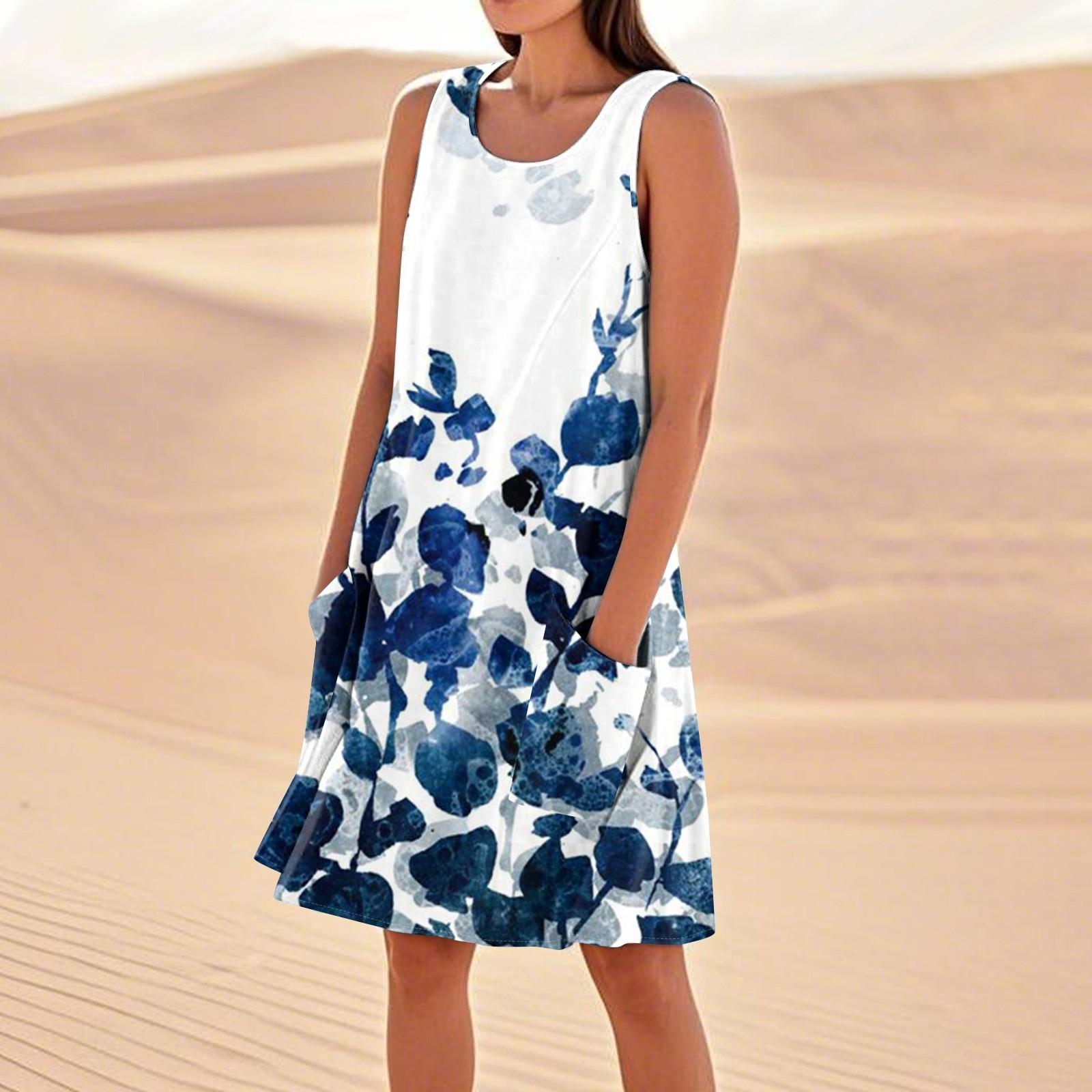 

Летние платья для женщин, свободные пляжные повседневные сарафаны без рукавов с карманами, платье-майка XL