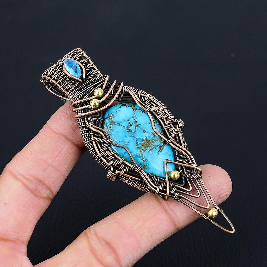 Turquoise Gemstone Pure Copper Wire Wrapped Handmade Pendant Jewelry For Her