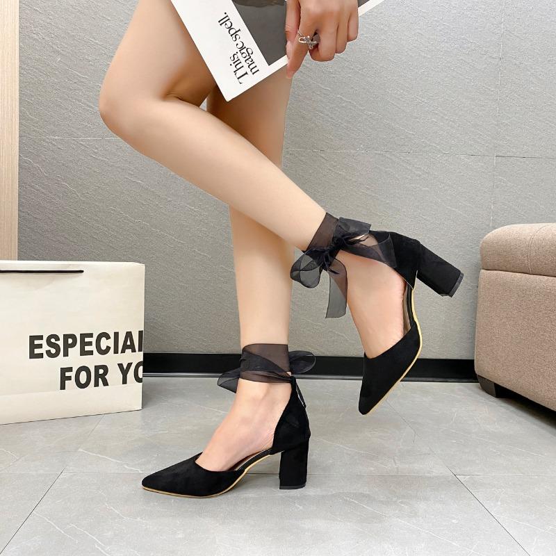 Móda Dámské vysoké podpatky Semišové lodičky Dámské šněrovací sandály s motýlkovými uzly Dámské elegantní plesové sandály se špičatou špičkou