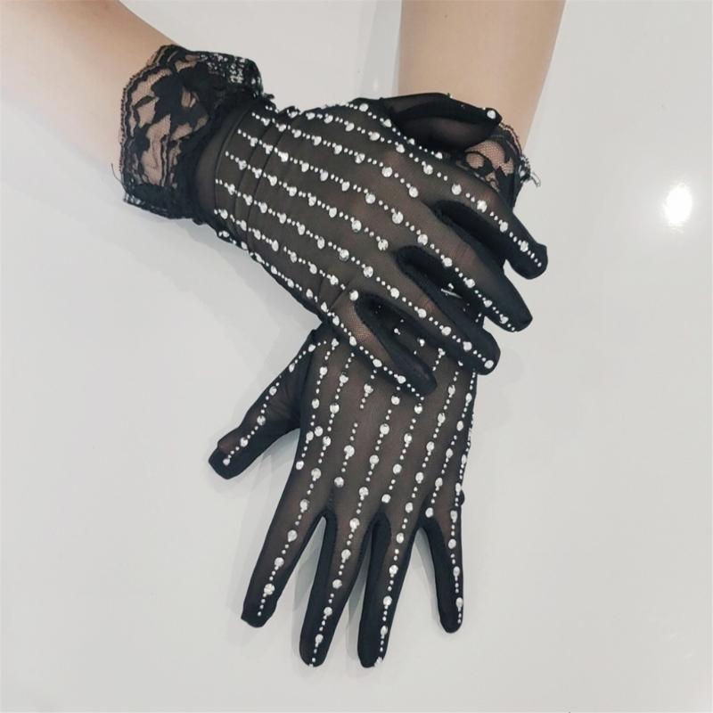 Rhinestones Embellished Gloves With Delicate Lace Trim And Breathable Polyester Fabric Costume Accessory