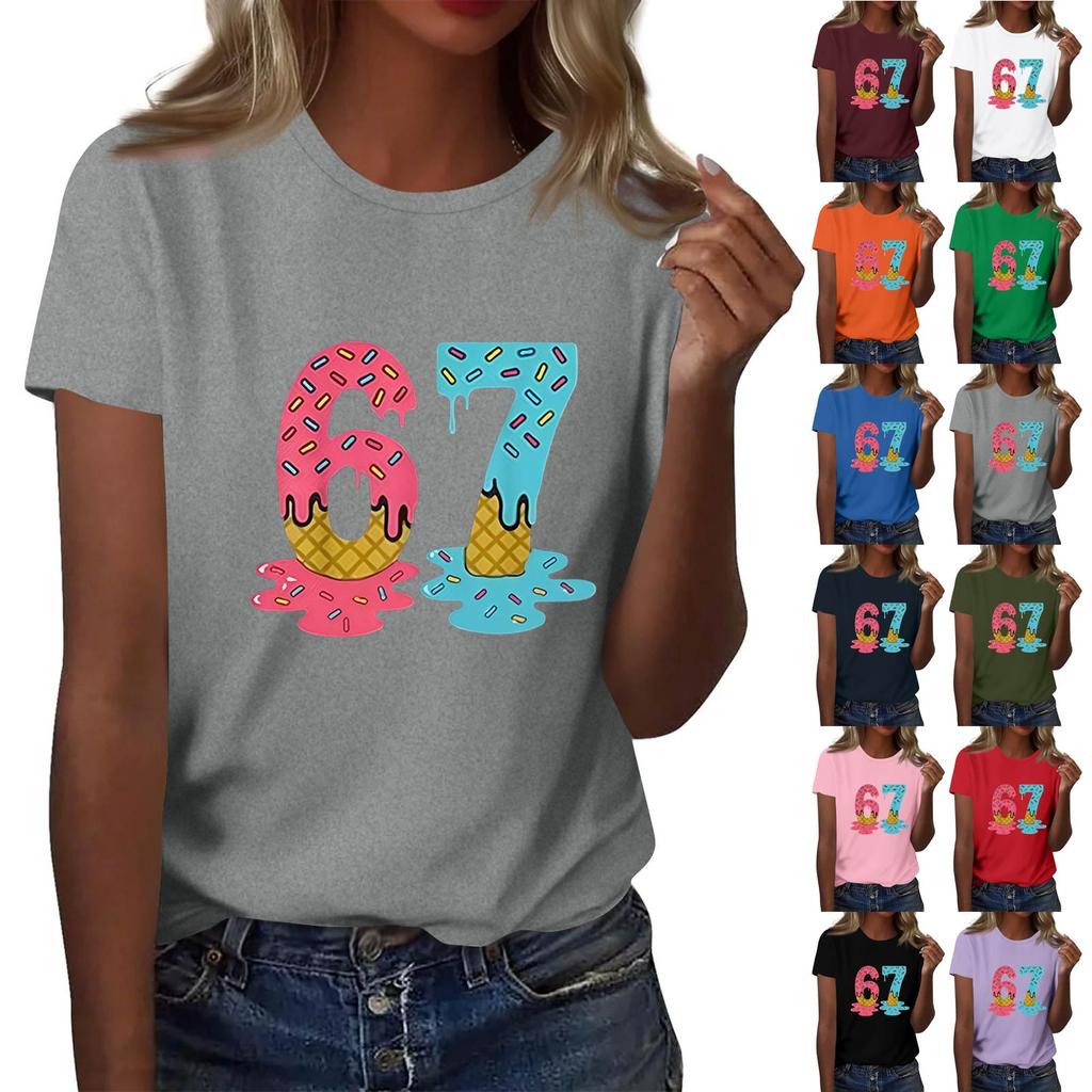 Women's Fashionable Casual Short Sleeved Printed T-Shirt Round Neck Top