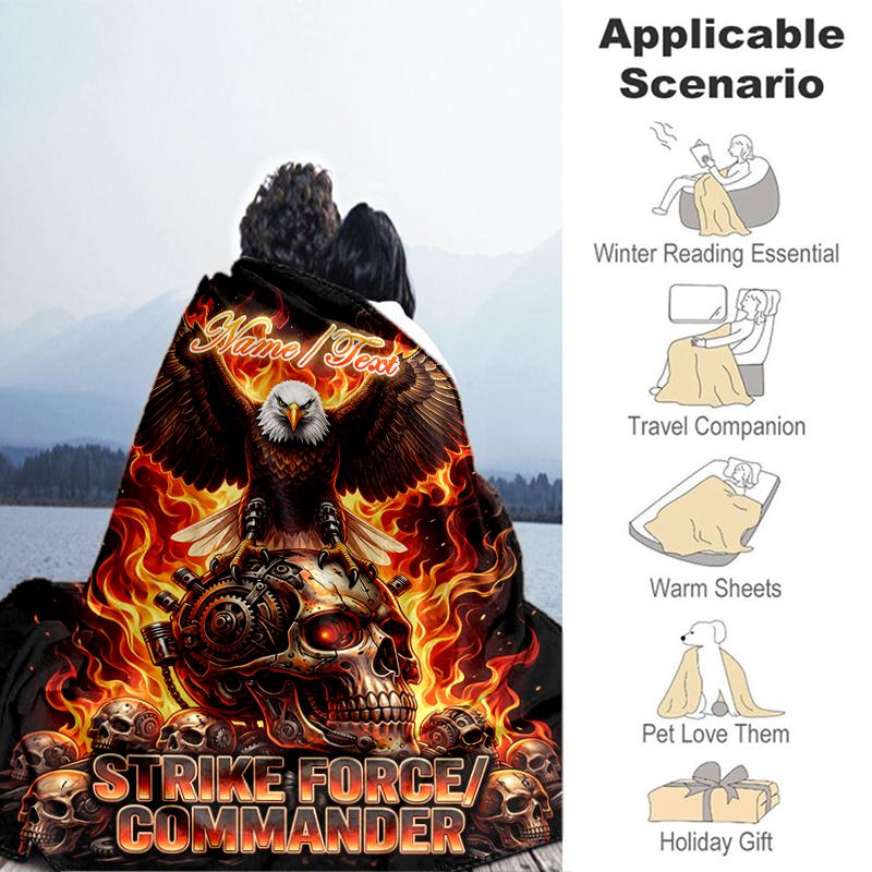 1PC Custom Name Eagle Skull Fire Power flannel blanket versatile,all-season throw suitable for the living room,bedroom,camping,travel,and gift