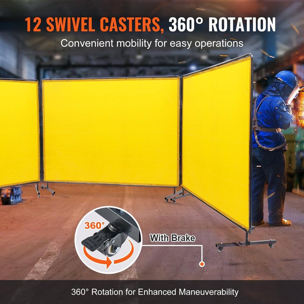 Welding Screen with Frame, 6' x 8' 3 Panel Welding Curtain Screens, Flame-Resistant Vinyl Welding Protection Screen on 12 Swivel Wheels (6 Lockable),