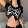 American Retro Butterfly Print Irregular Split T-Shirt Summer Slim Fit Versatile Short Sleeve Short Top Streetwear