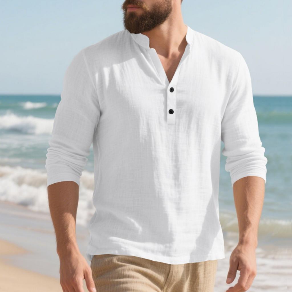 Men's Linen Long-Sleeve T-Shirt - Loose Fit Stand Collar Button Casual Long-Sleeve Top