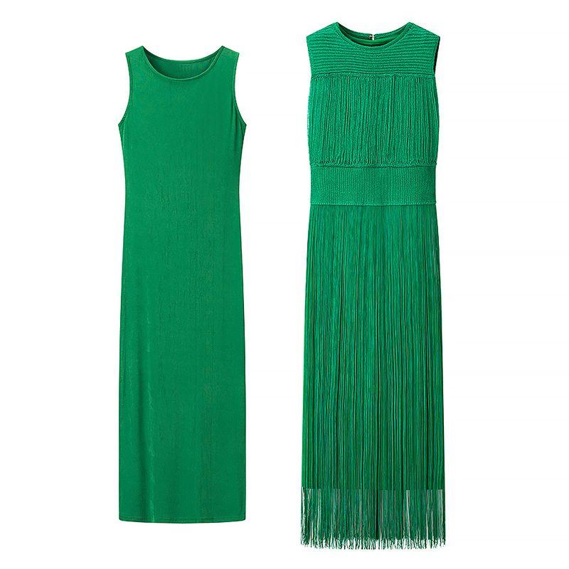 Summer New Product Women's Clothes Fashion Style round Neck Sleeveless Decorated Tassel Knitting Evening Dress Clothing Dress Two-piece Set